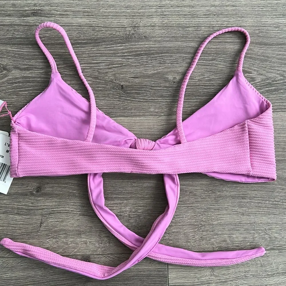 L*SPACE Chloe Ribbed Bikini Top Medium Tie Waist Adjustable Rosebud Purple Pink